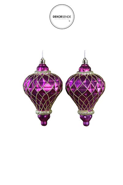 Dekorsende New Year's Ornament Glittery Diamond Patterned 2-Piece Matte Ball Fuchsia 13 cm