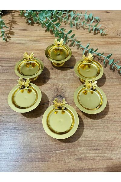 Maglor Luxury 6-Piece Gold Turkish Delight Bowl, Sugar Bowl, Macaron Holder Presentation Stand with Butterfly Accessories