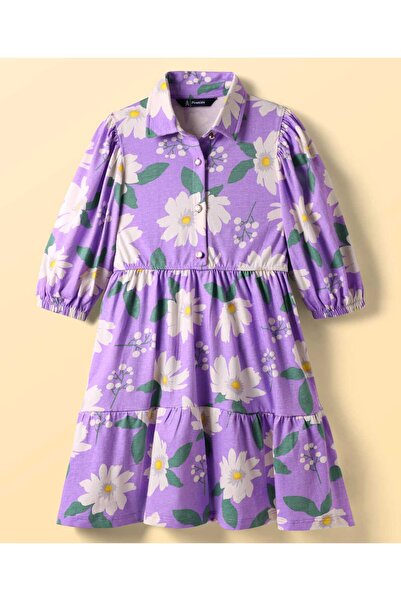 Pine kids فستان قطني 100% بأكمام ثلاثة أرباع مع ياقة مطبوعة بالزهور - بنفسجي