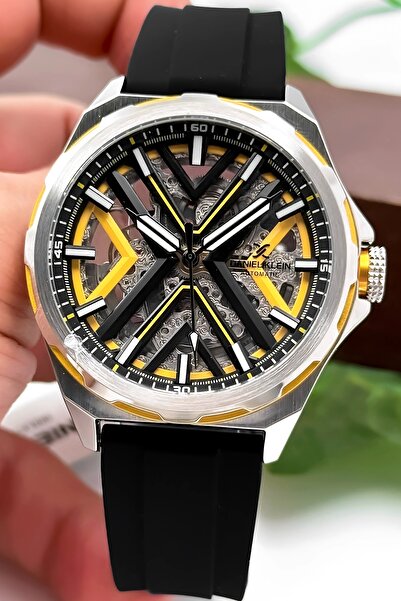Daniel Klein Automatic Mechanism Silicone Cord Steel Case Men Wrist Watch Black-Yellow Zmdk1193
