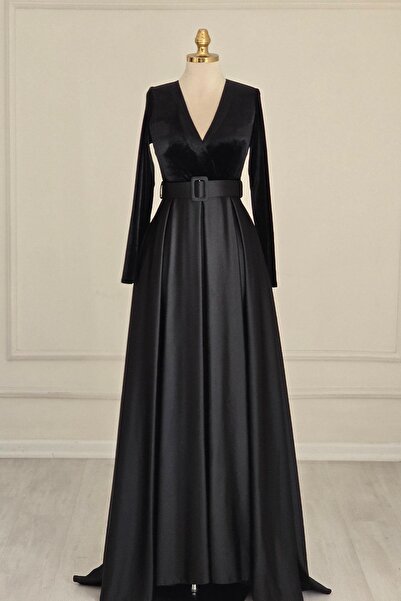 Yonca Moda Evi Siyah Uzun Kollu Kadife Saten Etek Abiye 8198