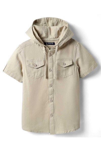 Pine kids 100% Cotton Half Sleeves Solid Coloured Hooded Shirt - Grey