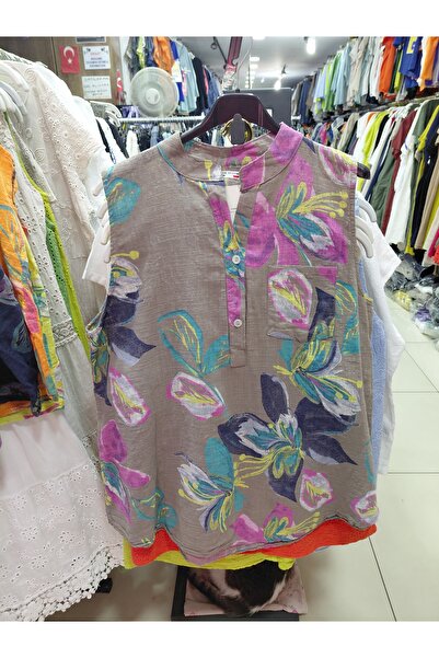 Tuana Otantik Kolsuz Büyük Çiçekli Keten Bluz