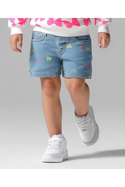 Bonfino شورت جينز للبنات بتفاصيل تطريز - أزرق فاتح