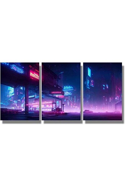 Emoda home Trove لوحة جدارية على طراز السايبربانك لغرفة المعيشة، مكونة من 3 قطع، صورة ليلية لمدينة السايبربانك نيون ستريت فيو