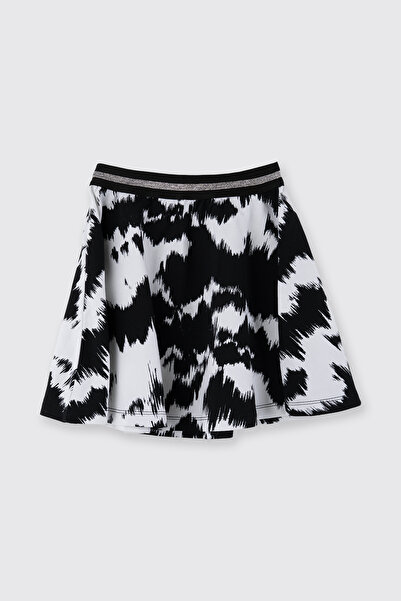 Panço Kız Çocuk Beli Simli Lastikli Desenli Örme Siyah Etek
