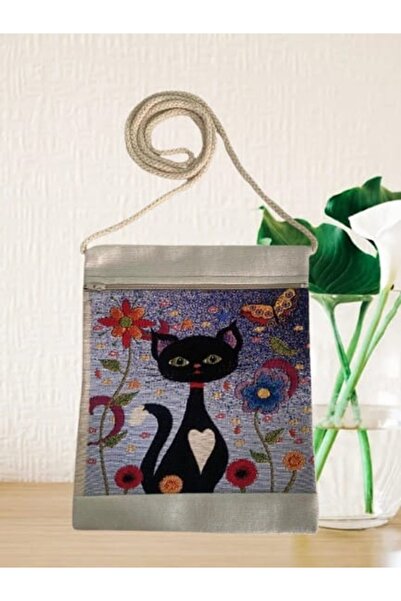 Blueseam Çanta Yandan Çapraz İpli Askılı Dokuma Kumaş KaraKedi Desen