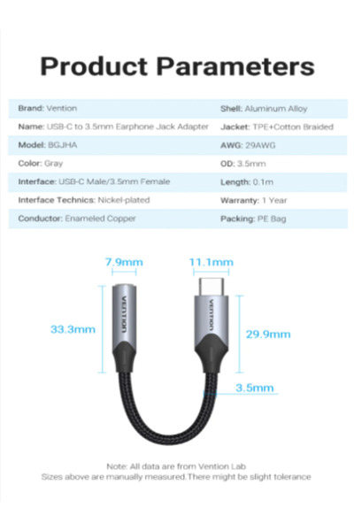 Vention USB-C Male to 3.5mm Earphone Jack Adapter for Samsung,Huawei,Xiaomi,OnePlus,iPad Pro,MacBook
