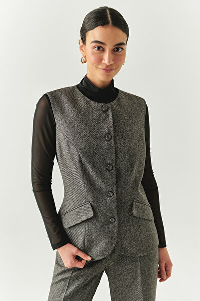 Exquise Herringbone Patterned Crew Neck Lined Slim Fit Vest with Pockets