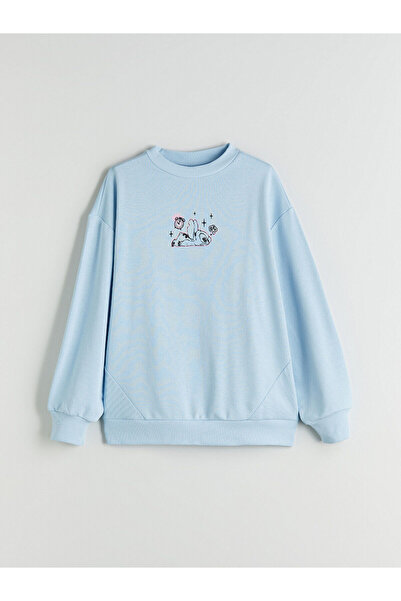LC Waikiki Artı Yeni Sezon Bisiklet Yaka Stitch Baskılı Kız Çocuk Sweatshirt