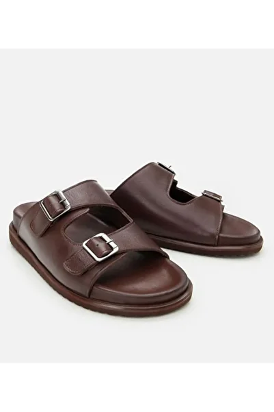 SPORIO Black Brown Double Buckle Anatomical Comfort Slippers Leather