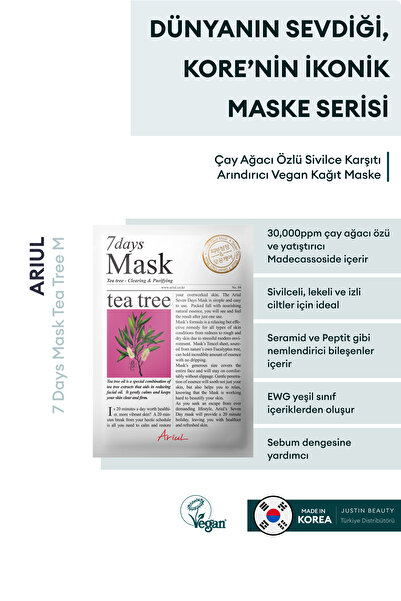 Ariul 7 Days Mask Tea Tree M - Çay Ağacı Özlü Karşıtı Arındırıcı Vegan Kağıt Maske