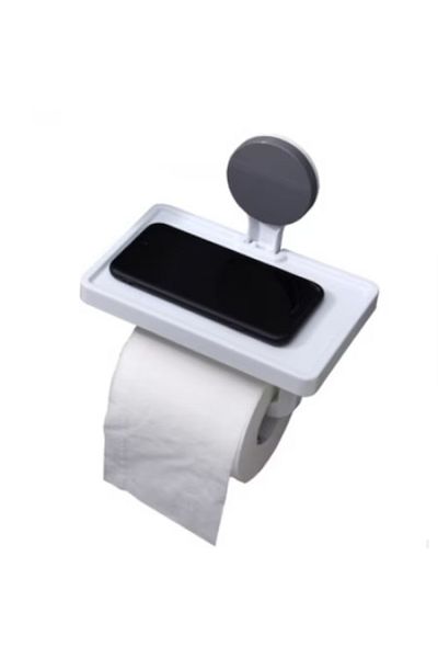 FOXMAG24 Toilet Paper Holder with Shelf for Phone/Accessories, Suction Cup Mount, Plastic, White