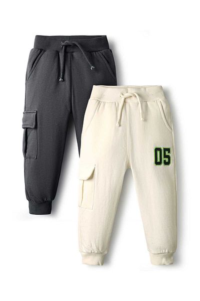 Bonfino Knit Full Length Solid Pants with Cargo Pockets (Pack of 2) - Grey & Off White