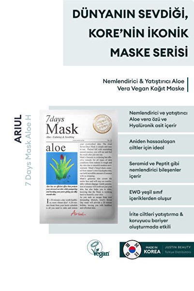 Ariul 7 Days Mask Aloe H - Nemlendirici & Yatıştırıcı Aloe Vera Vegan Kağıt Maske