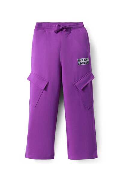 Pine kids Knit Full Length Lounge Pant With Text Print & Cargo Pockets - Purple