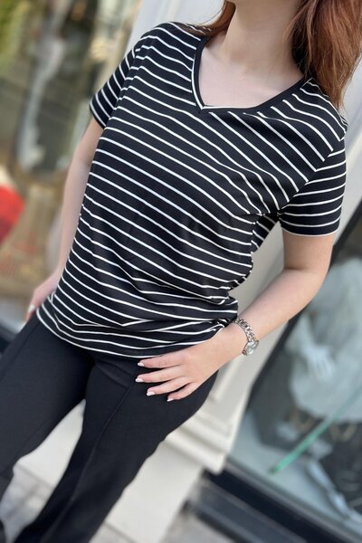Şans Women's Plus Size Black, Cotton Fabric, V-Neck Stripe Blouse 65N39094
