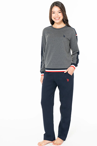 U.S. Polo Assn. Kadın Pijama Takımı, Cepli, Uzun Kollu, Bisiklet Yaka, Kol Lastikli, Polo Logo Nakışlı, Antrasit