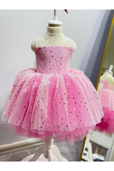 Star Kids Kız Çocuk Pembe Yıldızlı Elbise,Kız Çoçuk Abiye,Kız Çoçuk Parti Elbise