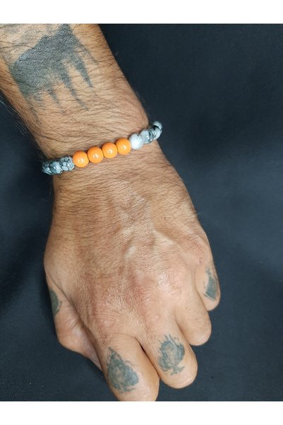 MRYart Orange Glass Beads and Gray Patterned Beaded Bracelet – Unisex