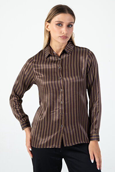 Nuevo قميص نسائي من قماش الساتان كوبرا مخطط باللون البني بأكمام طويلة – أنيق ...
