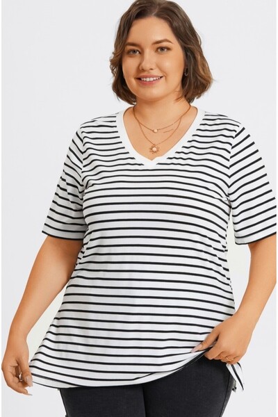 Şans Women's Plus Size White, Cotton Fabric, V-Neck Stripe Blouse 65N39094