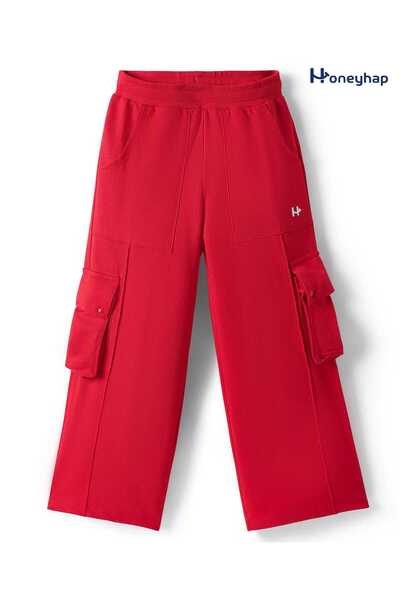 Honeyhap Premium 100% Cotton Looper Knit Track Pants with Bio Finish & Cargo Pockets - Red