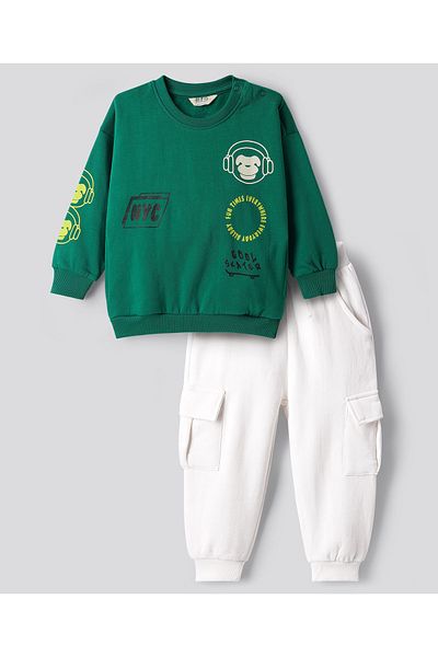 Bonfino Drop Shoulder Full Sleeves Text Printed Sweatshirt With Cargo Jogger Set - Green & White