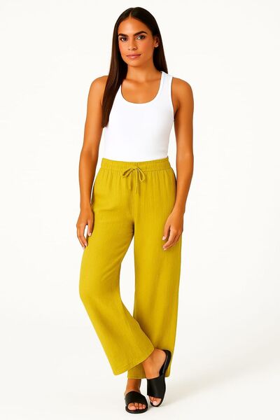 enmodaiçgiyim Oil Green Color 100% Cotton Muslin Fabric Wide Leg Comfortable Fit Women's Trousers with Two Pockets