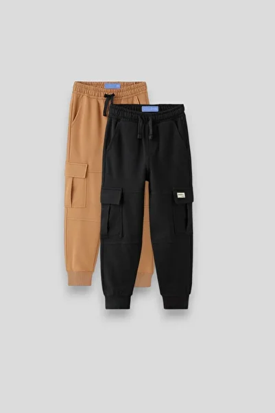 Magu Unisex Kids Cotton Black Beige 2-Piece Cargo Pocket Sweatpants Jogger Pants Set