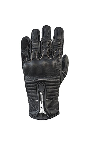 The Biker Jeans Retro Edge Black Korumalı Motosiklet Deri Eldiveni