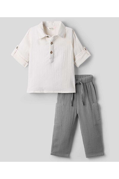 Bonfino BOYS 100% COTTON DOUBLE GAUZE SET -WHITE / GREY