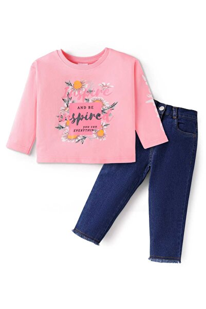 Babyhug Terry Knit Top & Solid Denim Jeans Set With Floral & Text Print - Pink & Blue