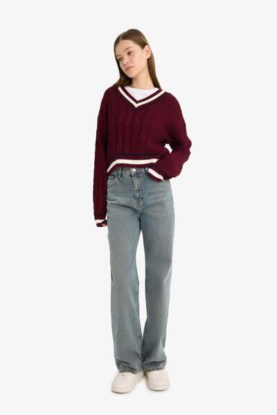 DeFacto New Season Coool Regular Fit V-Neck Hair Braided Sweater