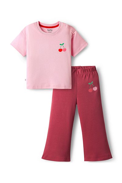 Bonfino GIRLS 100% COTTON FULL SLEEVES OVERSIZED T-SHIRT & WIDELEG LEGGINGS SET - LT PINK, RED