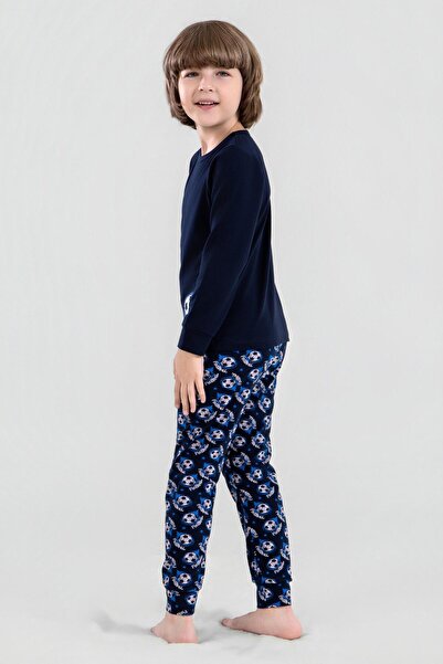 BAYKAR Erkek Çocuk Pamuklu Bisiklet Yaka Futbol Topu Baskılı Uzun Kollu Pijama Takımı 9622-1 Mavi