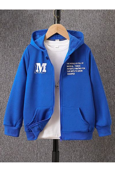 savuar Blue Printed Zipper Hooded Sweatshirt