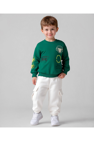Bonfino Drop Shoulder Full Sleeves Text Printed Sweatshirt With Cargo Jogger Set - Green & White