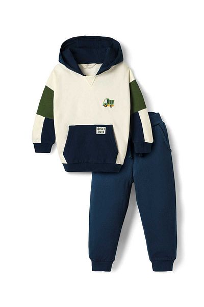 Bonfino Full Sleeves Color Block Hooded Sweatshirt & Joggers Set - Multicolor