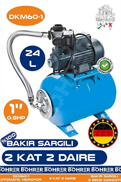 BÖHRER Alman Bakır Sargılı DKM60-1 0.37 KW 0.5 HP 24L Yatay Genleşme Tank -- Otomatik Hidrofor Bina Bahçe S