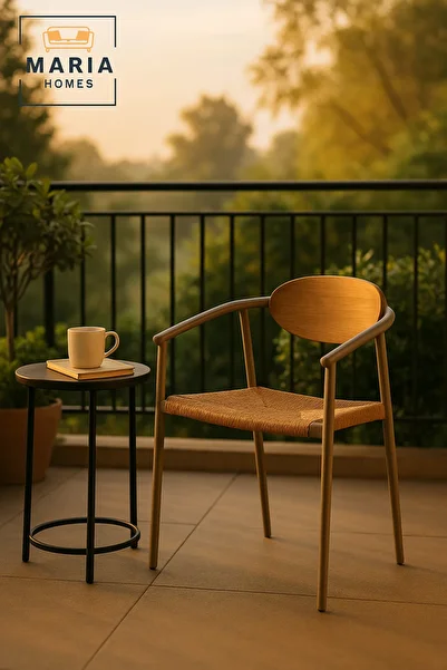 MARIA HOMES Modern Champagne Garden Chair – Wooden Backrest & Woven Seat for Outdoor Dining