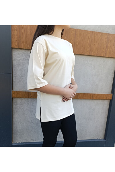 siyalife Μπλουζάκι με λαιμόκοψη, ίσιο μισό μανίκι, λεπτομέρεια με σκίσιμο, άνετο κομμένο, κρεμ υπερμεγέθη μπλουζάκι