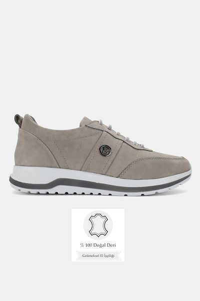 TUNAELLİ Men's Gray Nubuck Khaki Natural Leather Lace up Orthopedic Casual Shoes