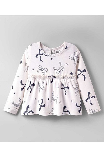 Bonfino 100% Cotton Knit Rib Fabric Full Sleeves T-Shirt & Leggings Set With Bow & Heart - Ivory