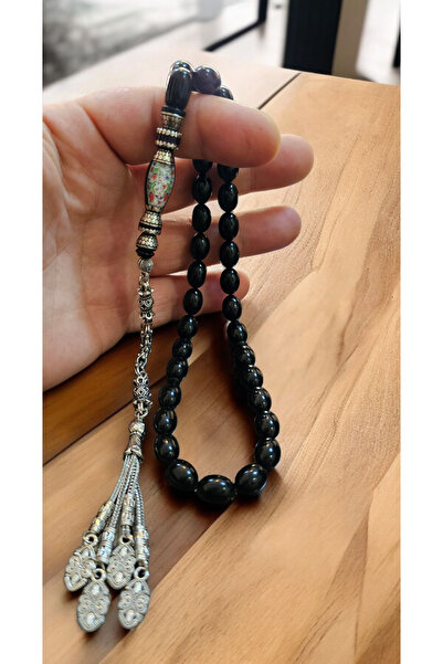 MERCAN-I ALA SİYAH İNCİ BADEM KESİM NAKKAŞ İŞLEME İMAME GÜMÜŞ KAPLAMA ÖZEL KO...