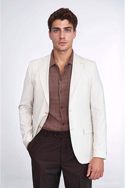 Wessi Krem Çizgili Keten Dokulu Gold Renk Metal Düğmeli Slim Fit Erkek Blazer...