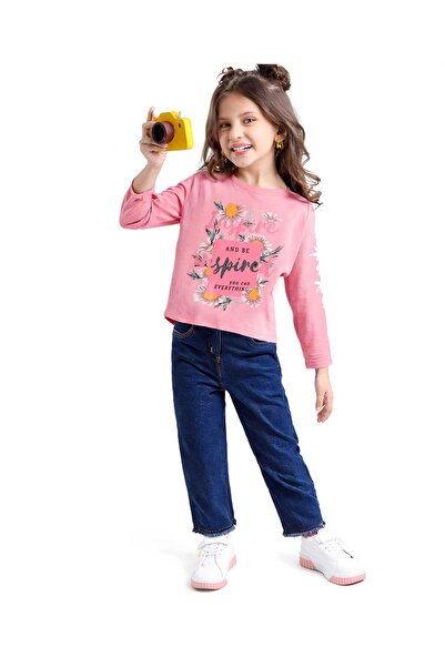 Babyhug Terry Knit Top & Solid Denim Jeans Set With Floral & Text Print - Pink & Blue