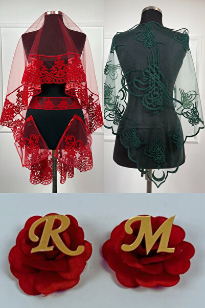 AZREN STORE Kırmızı Gelin Damat Duvak Seti, Flok Kına Duvağı, Yeşil Tuğralı D...