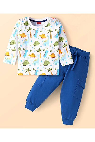 Babyhug طقم تي شيرت وبنطال رياضي من قماش جيرسي محبوك بطبعة ديناصور - أبيض وأزرق