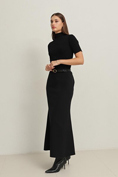 Setre Siyah Tam Kalıp Midi Boy Etek